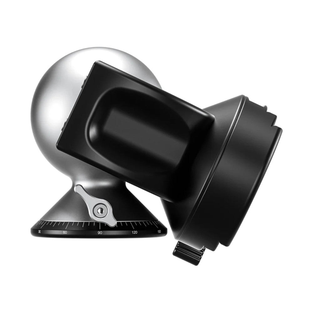 Side view of silver ball head with black lever clamp and graduated base, featuring integrated panning mechanism and adjustment knob.