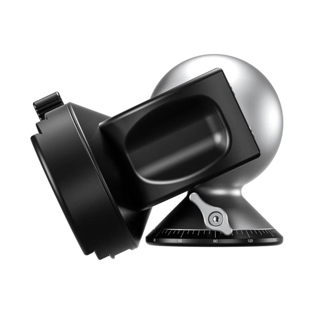 Leofoto hybrid panning head with ball mount shown at angle, displaying silver sphere, black clamp mechanism, and degree scale base.