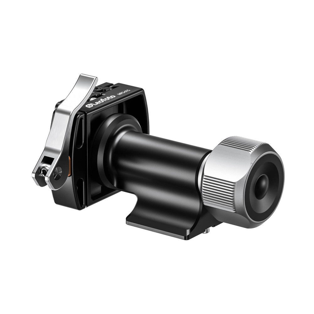 Side view of a black and silver mini gimbal head with lever clamp attachment and rotating lens barrel on white background.