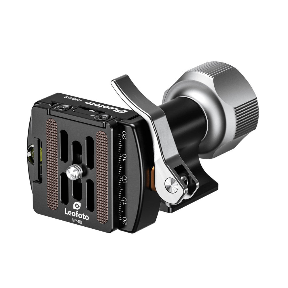 Leofoto NP-50 mini gimbal head shown from side angle with ball head and quick-release clamp attached, displaying adjustment knobs and measurement scale.
