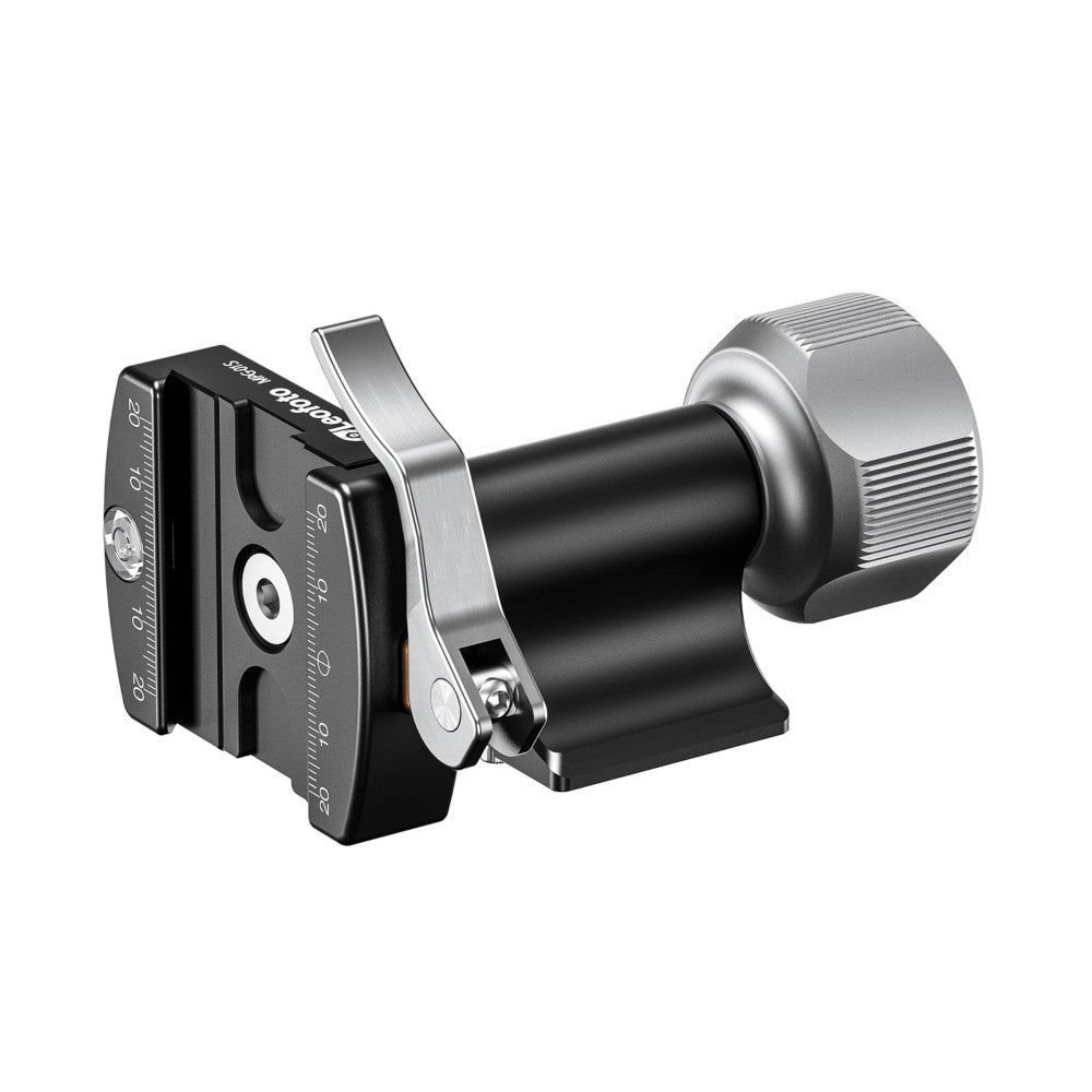 Side view of Leofoto MPG-01L mini gimbal head showing black lever clamp on left and silver rotating knob on right against white background.