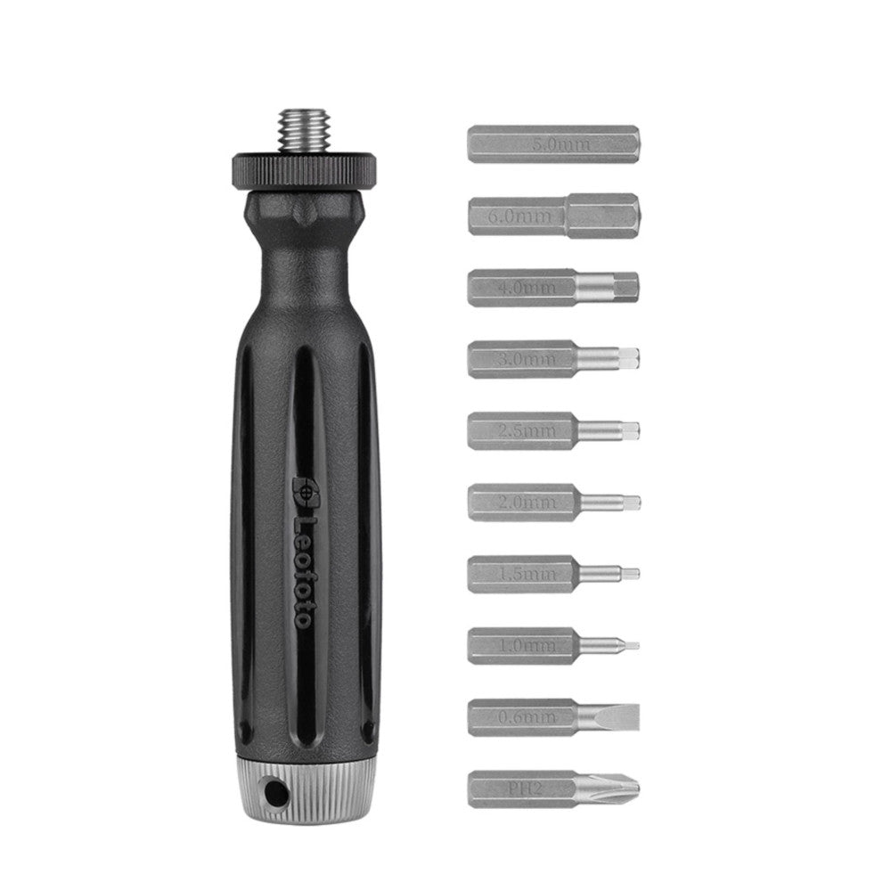 Black multi-tool with interchangeable bits displayed on the right, including hex keys, screwdrivers, and Phillips head options of various sizes.