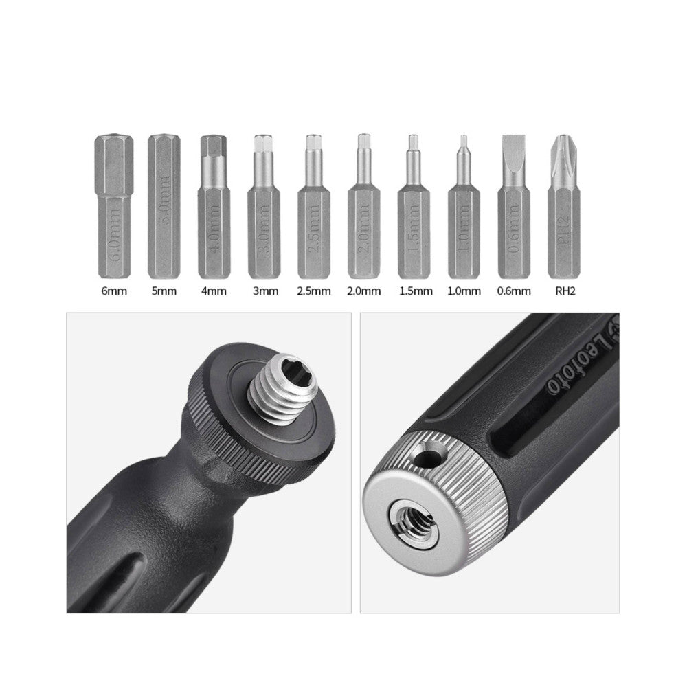 Multi-function tool with ten interchangeable hex and flat head bits displayed above, plus close-up detail views of the quick-change chuck mechanism.