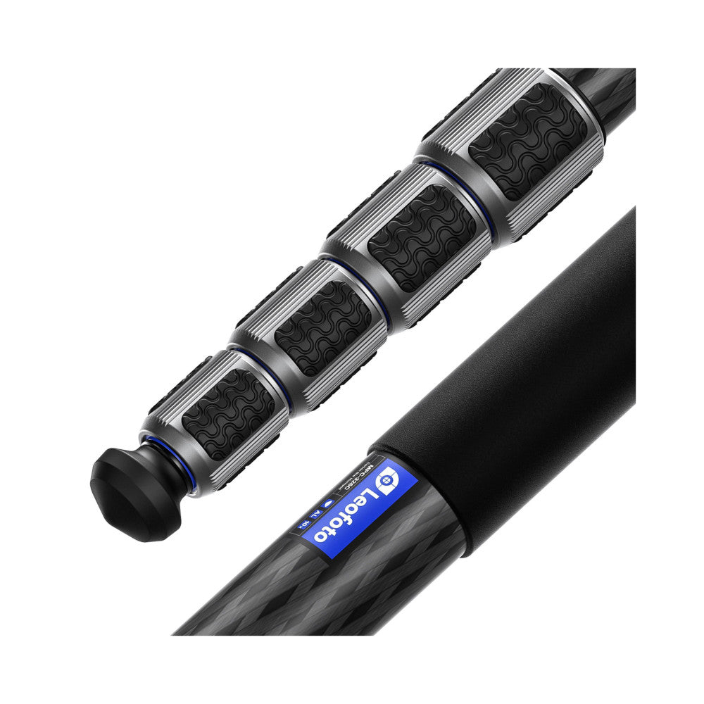 Close-up detail view of Leofoto carbon fiber monopod showing extended sections with grip wraps and blue accents, against white background.