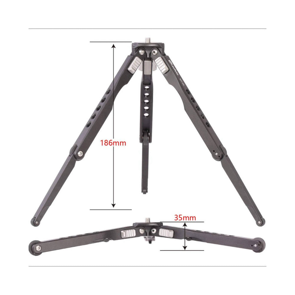 Compact tabletop tripod shown in two views: extended position with 186mm height and collapsed flat position with 35mm profile, displaying folding legs and ball head mount.