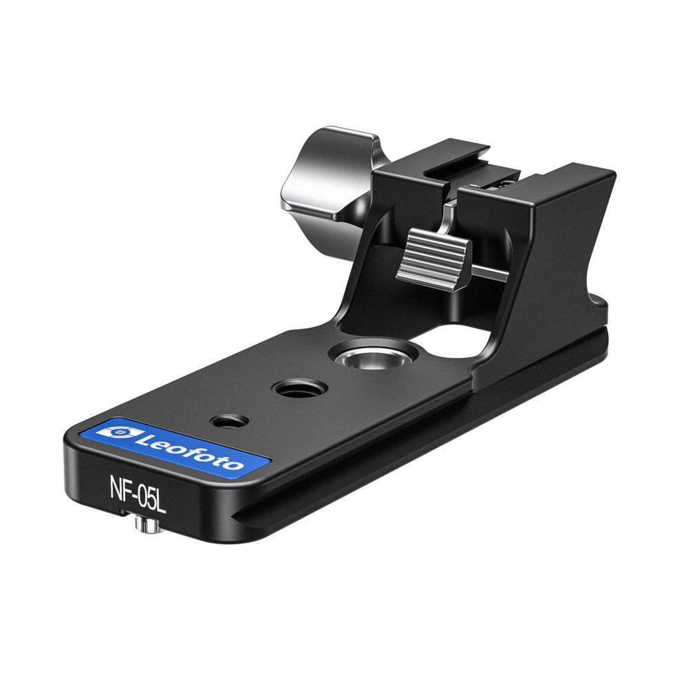 Leofoto NF-05L lens foot shown from the side, displaying the metal clamp mechanism and black base plate with blue branding label.