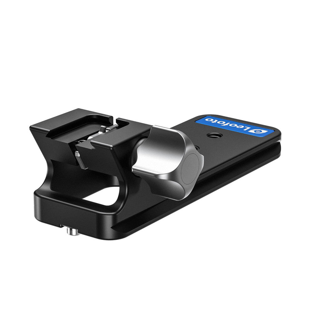 Black Arca lens foot with silver cylindrical attachment and blue label, shown from side angle against white background.