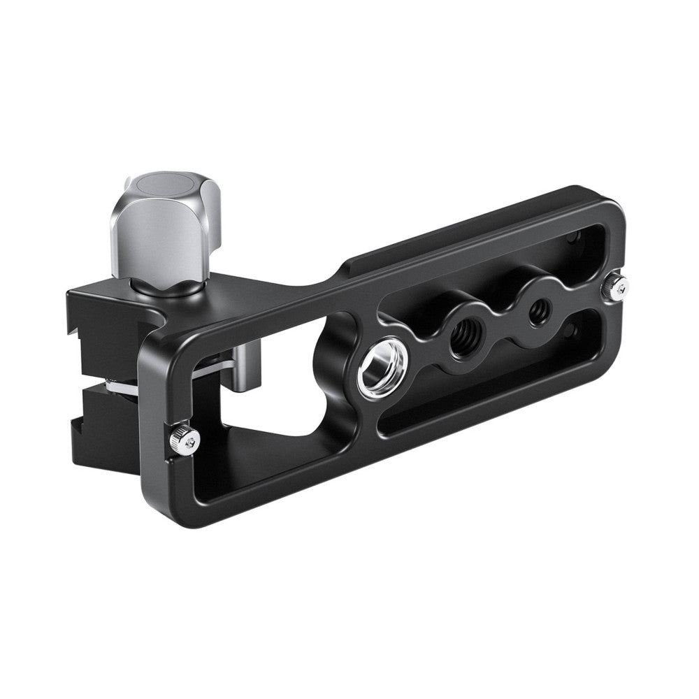 Black and silver Arca lens foot shown from the side angle, displaying the mounting plate with multiple attachment points and adjustment screws.