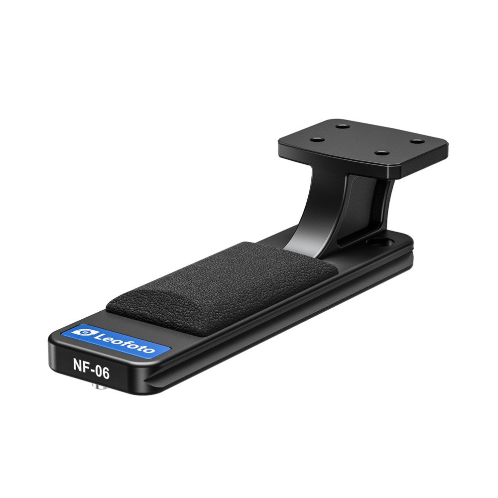 Black Leofoto NF-06 lens foot shown from the side, displaying the padded foot rest, curved support arm, and mounting plate with four holes.