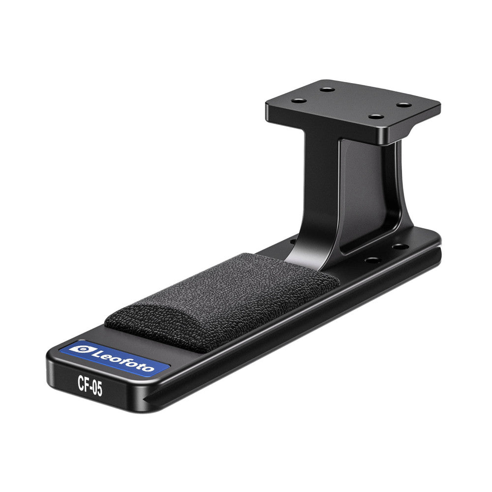 Black tripod foot with textured grip pad, vertical Arca-Swiss plate on top, labeled CF-05, shown from side angle against white background.