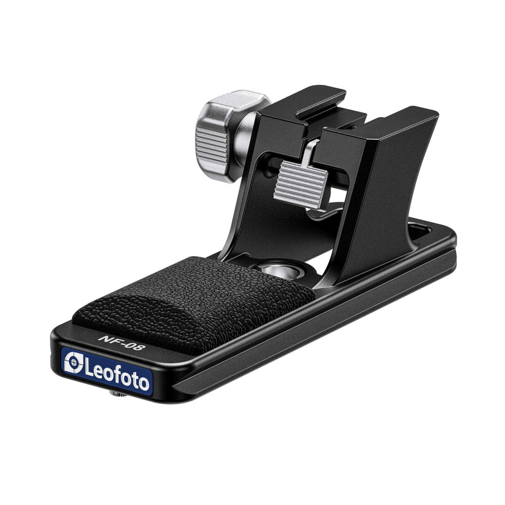 Black Leofoto NF-08 Arca lens foot with textured grip pad and metal adjustment knobs, shown from angled side view against white background.