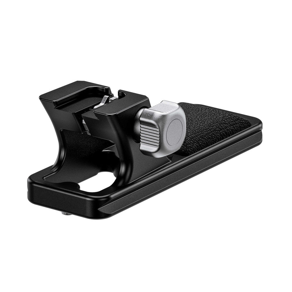 Black Arca lens foot with silver adjustment knob, shown from side angle against white background.