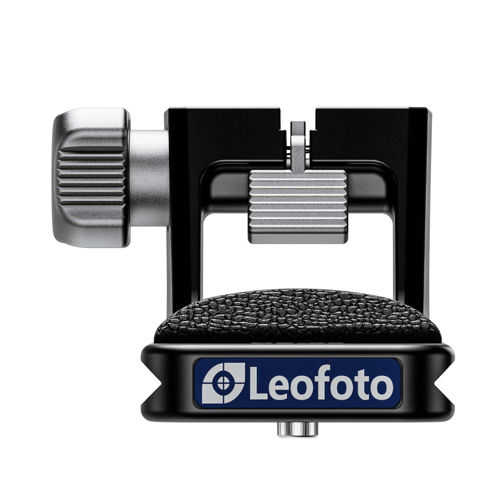 Leofoto NF-08 lens foot shown from the side, displaying the metal clamp mechanism and adjustment knob against a white background.