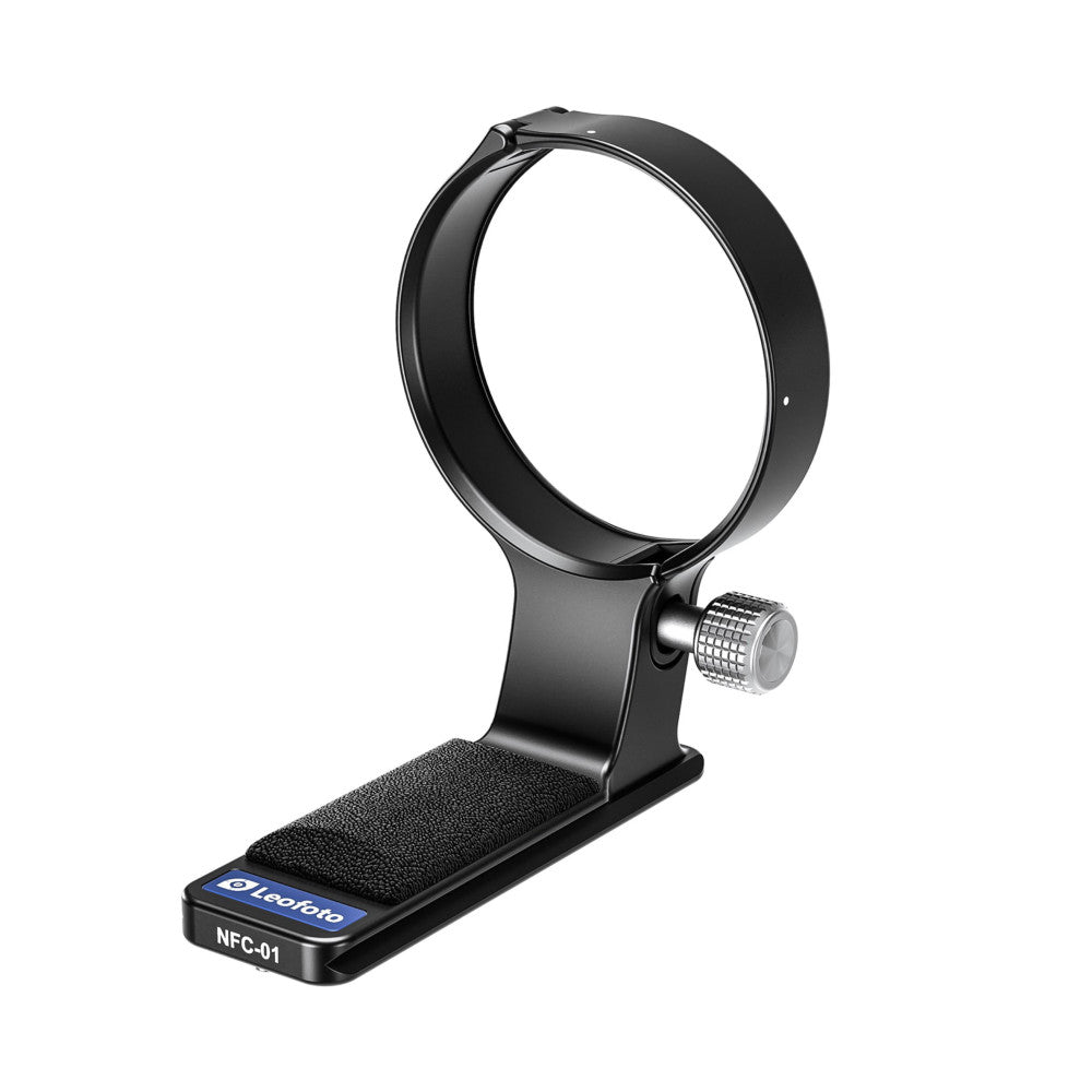 Black lens collar mount with circular ring clamp, adjustment knob, and textured base plate labeled "Leofoto NFC-01," shown at angle against white background.