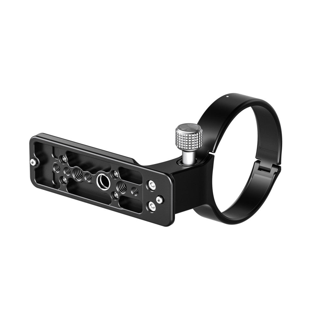 Black lens collar mount with adjustment knobs and attachment ring, shown at an angle against white background.