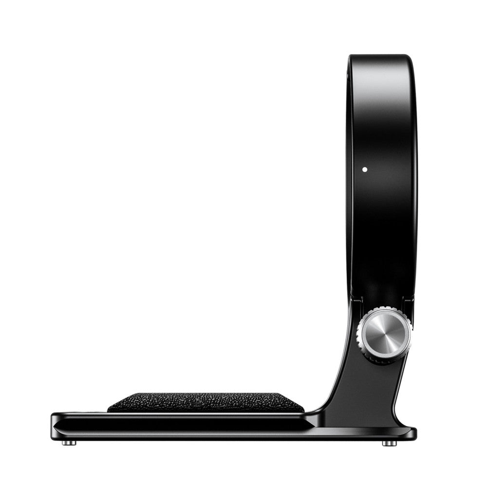 Black Leofoto lens collar shown from side view, featuring curved bracket with adjustment knob and padded base plate against white background.