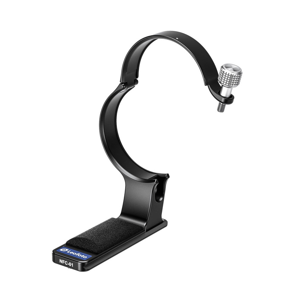 Black lens collar mount with adjustable knob shown from side angle against white background, displaying tripod attachment base and grip platform.