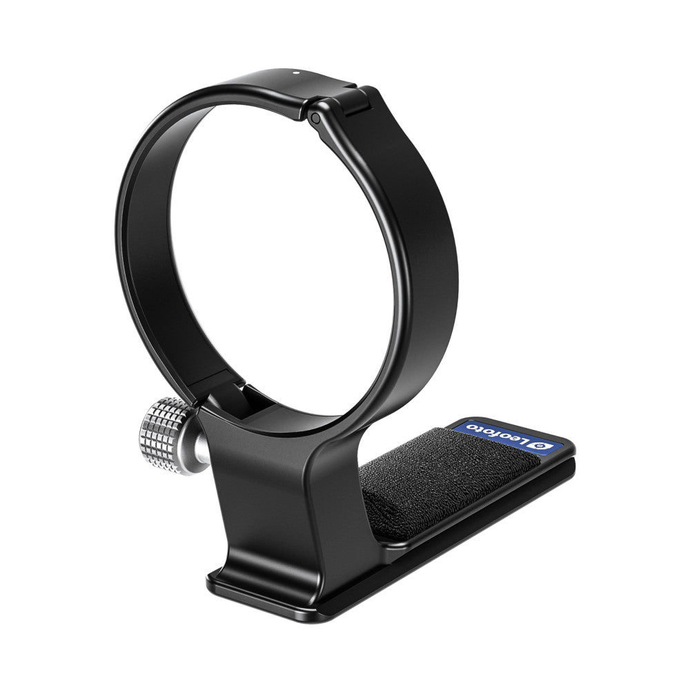 Black lens collar with tripod mount plate shown at an angle, displaying the adjustable ring clamp and textured base platform with blue branding label.