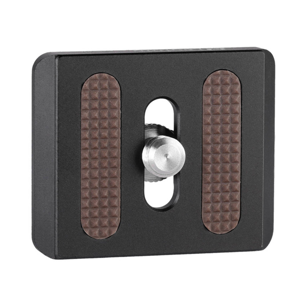 Black Arca-Swiss quick-release plate with textured brown grip pads shown from front angle with metal knob visible.