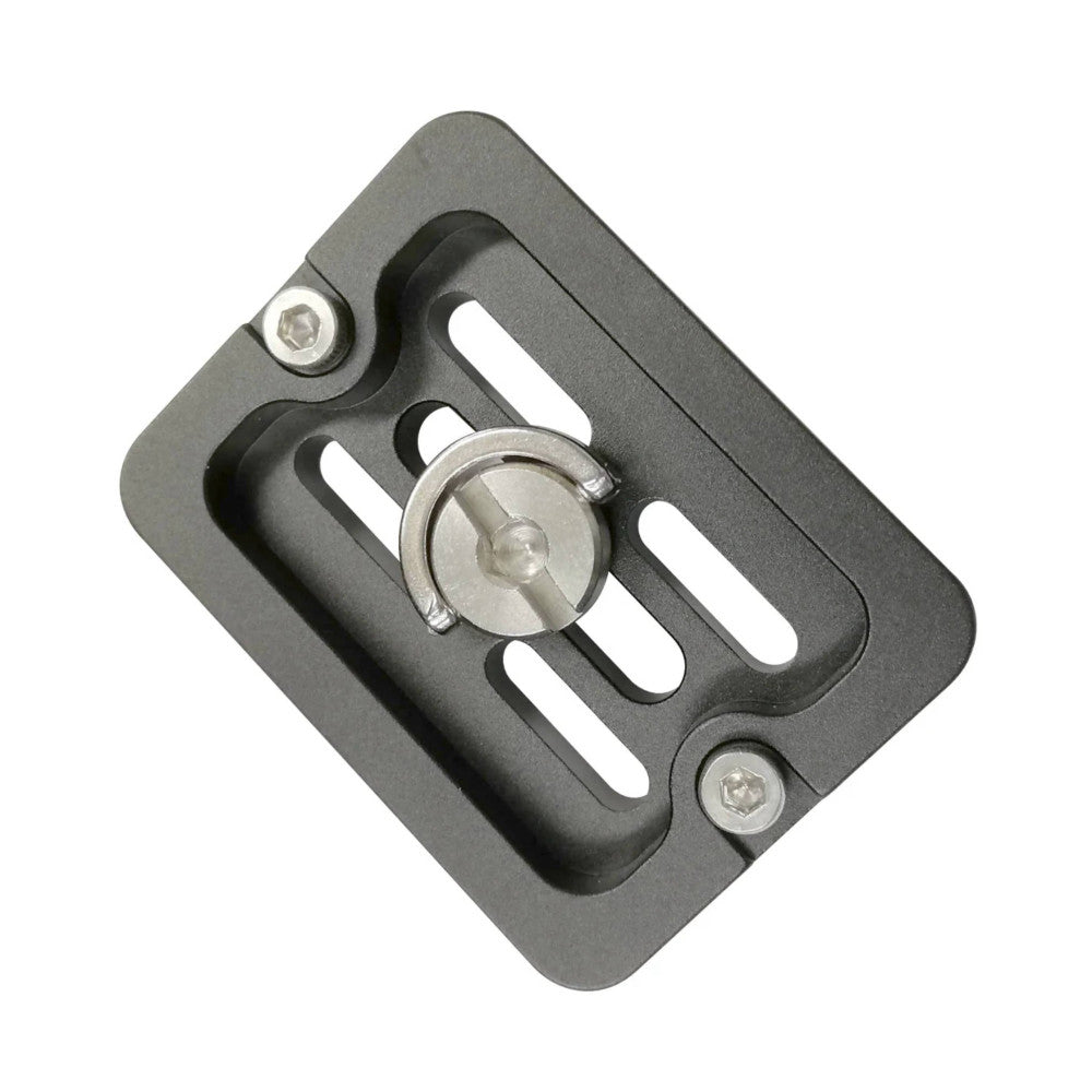 Top-down view of gray Arca Swiss quick release plate with central screw knob and three socket head bolts mounted on dark base.