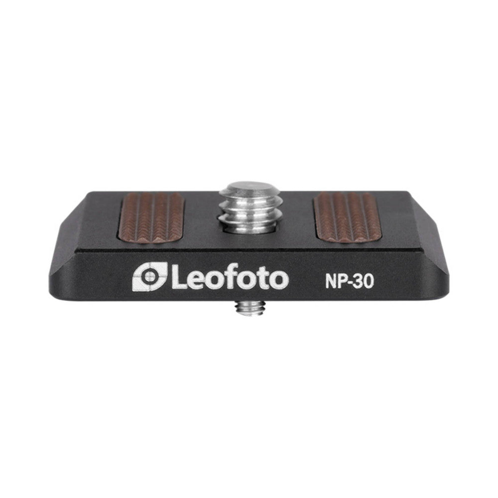 Top view of black Leofoto NP-30 Arca Swiss quick-release plate with brown grip pads and silver ball head socket.