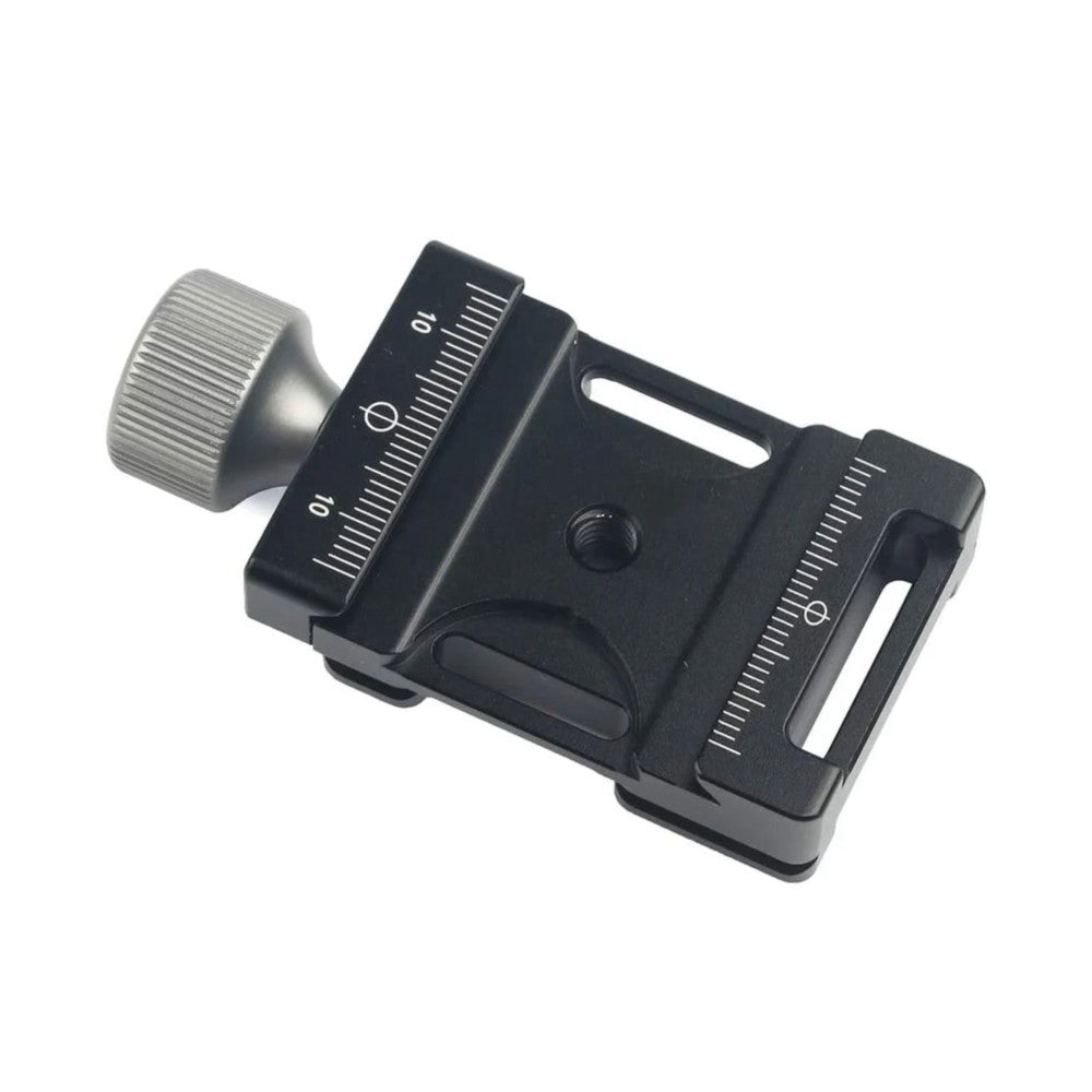 Black Arca Swiss quick-release plate with adjustment knobs and measurement scales, shown from angled three-quarter view against white background.