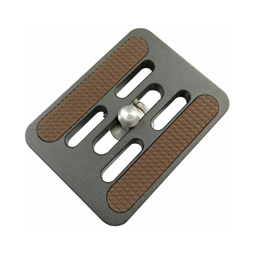 Top-down angled view of gray Arca Swiss quick-release plate with brown textured grip pads and central metal ball head mount.