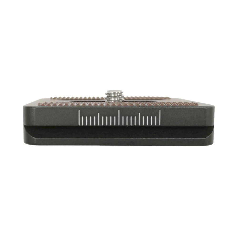 Top view of a black Arca Swiss quick release plate with metric ruler markings and a metal mounting screw visible.