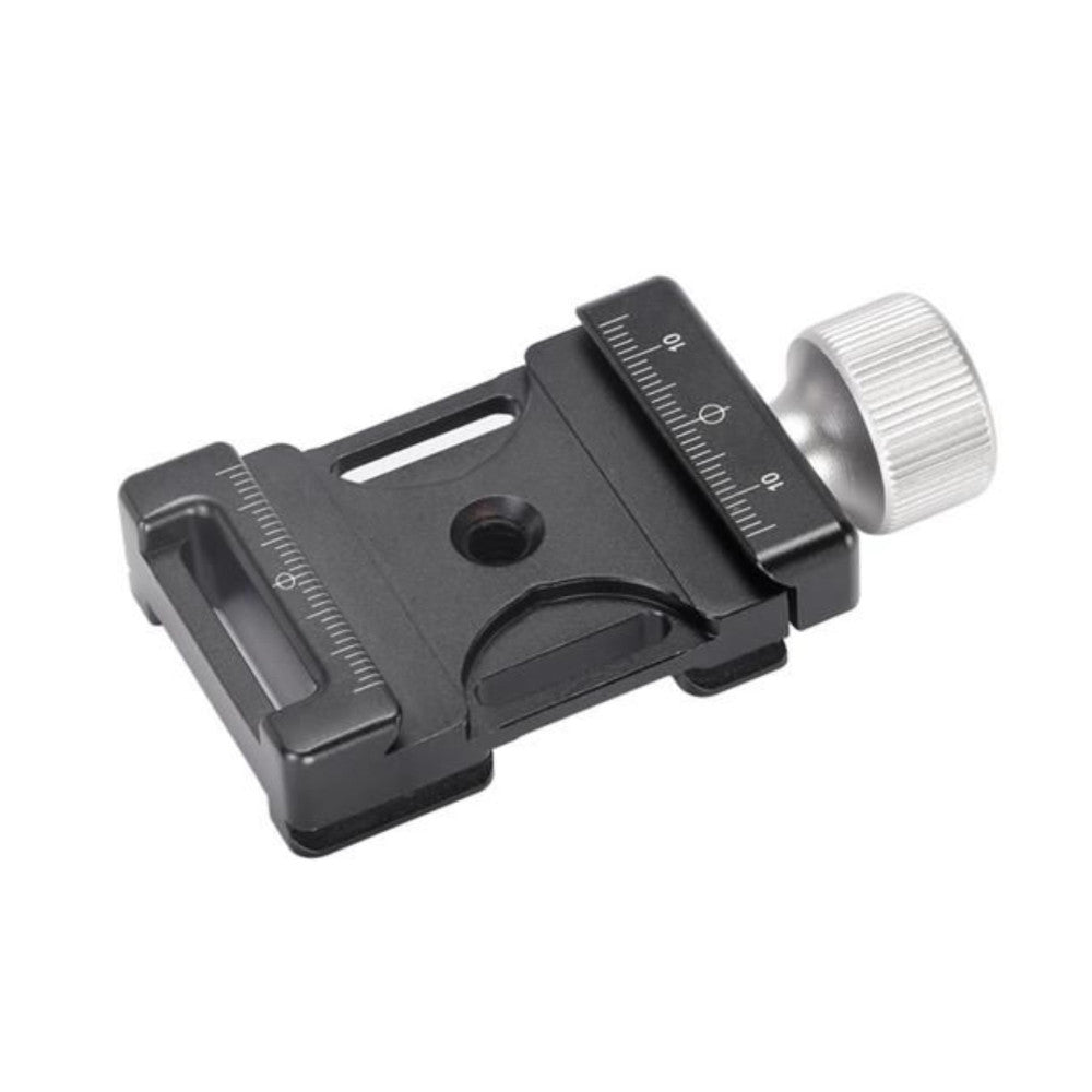 Black Arca Swiss quick-release plate with silver thumbscrew, shown at three-quarter angle against white background.