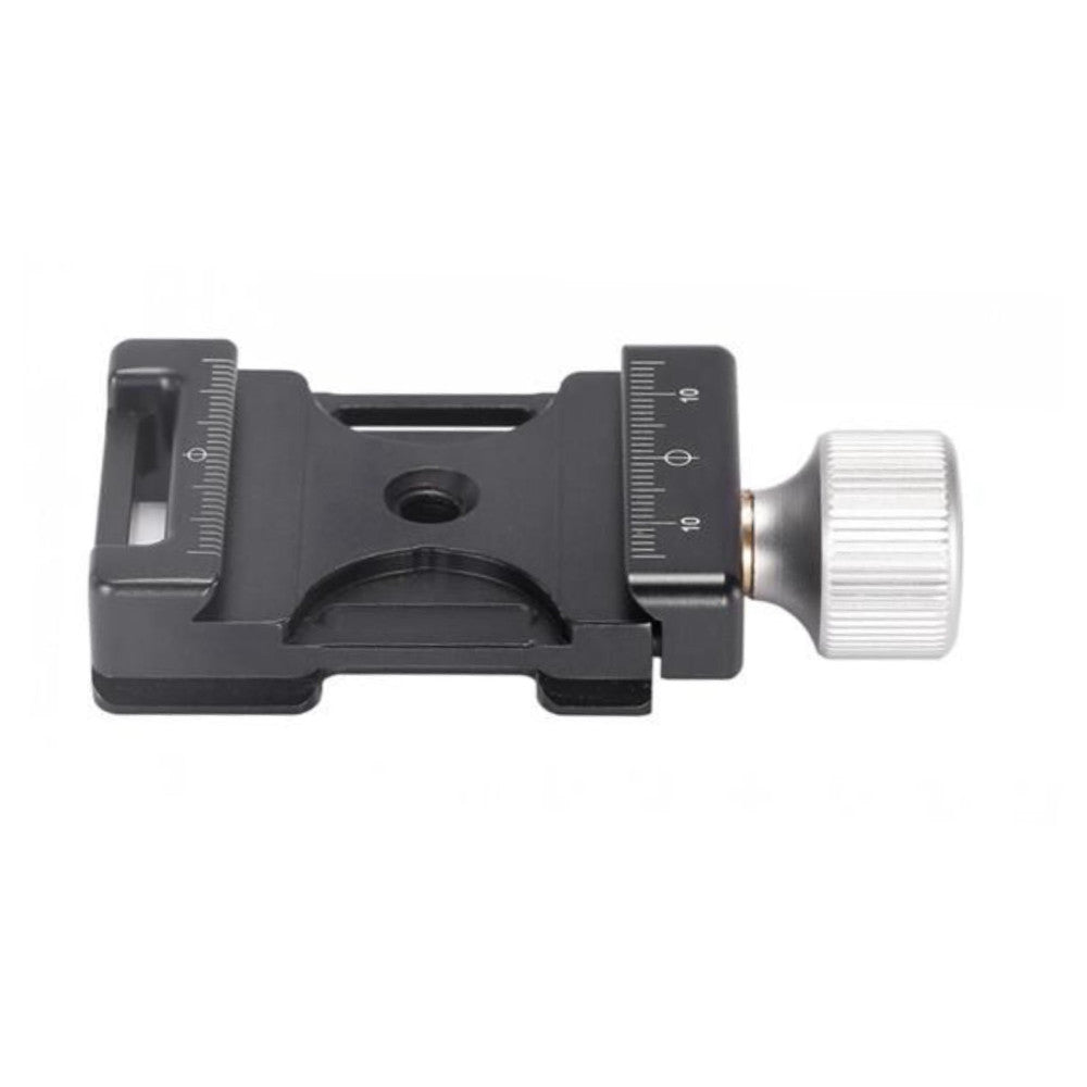 Side view of black Arca Swiss quick release plate with ruler markings and silver locking knob against white background.