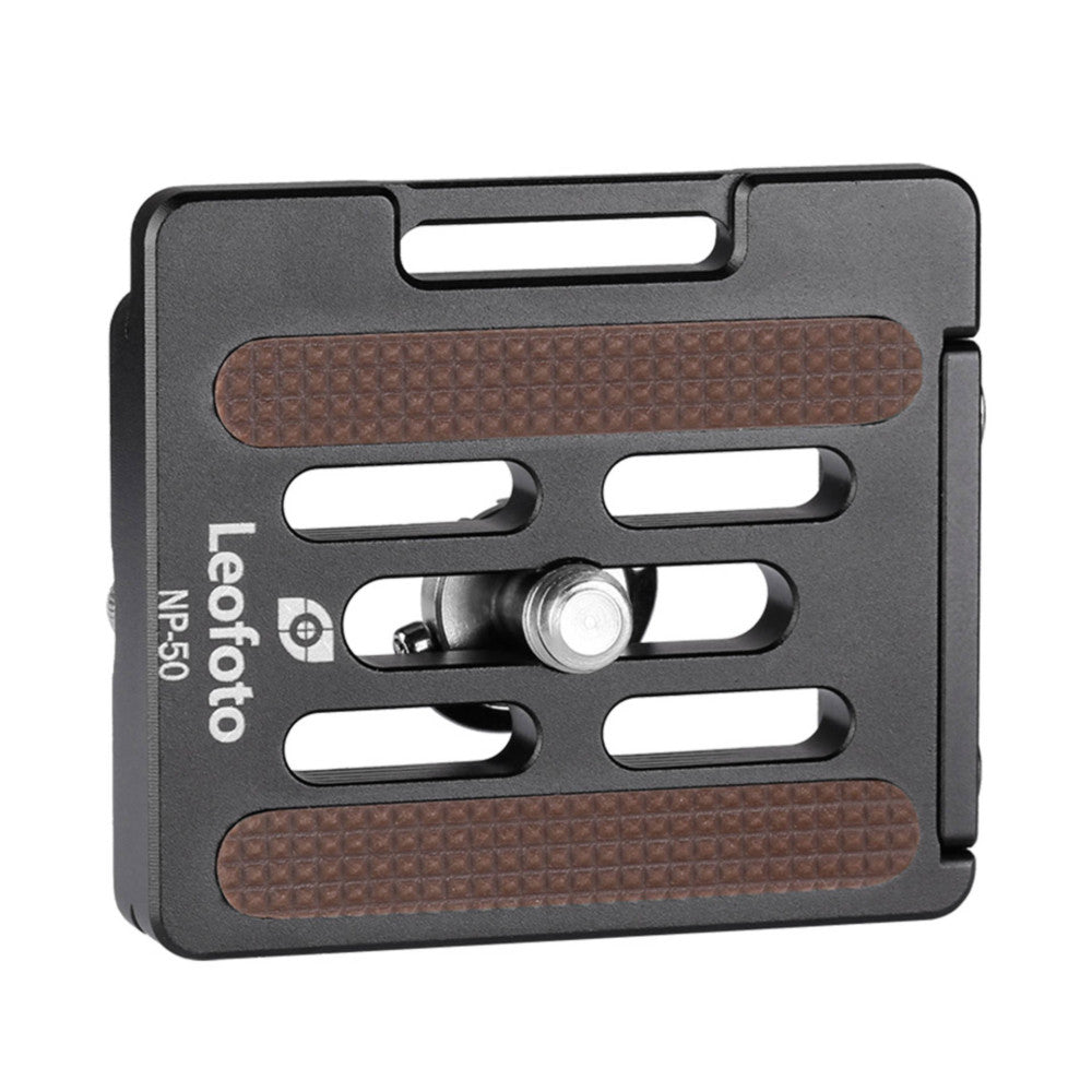 Black Arca-Swiss quick release plate with brown textured grip surfaces and mounting slots, shown at an angle against white background.
