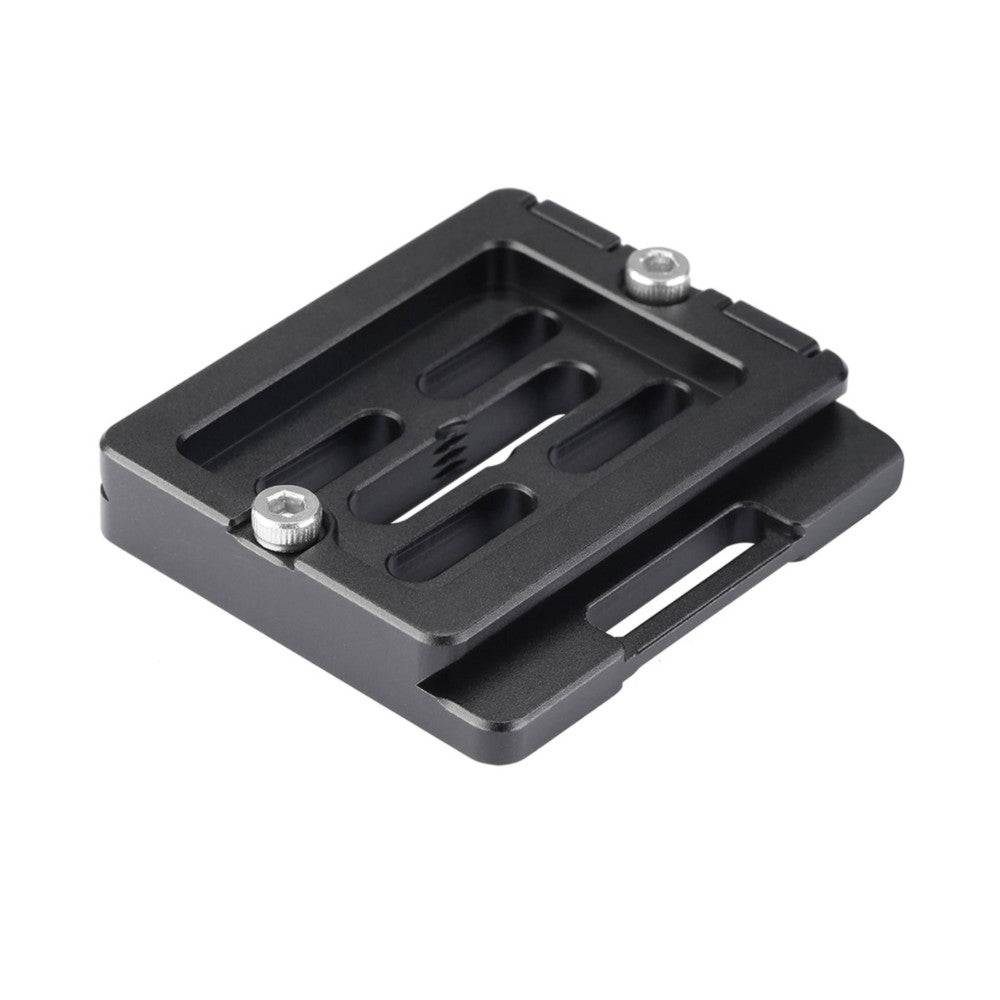 Black Arca Swiss quick release plate photographed at an angle, showing grooved slots and two metal adjustment knobs on the top surface.
