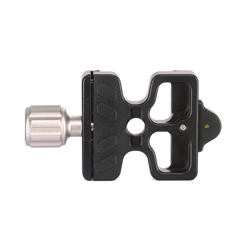 Black Arca Swiss quick-release plate with metallic knob shown from side angle against white background.