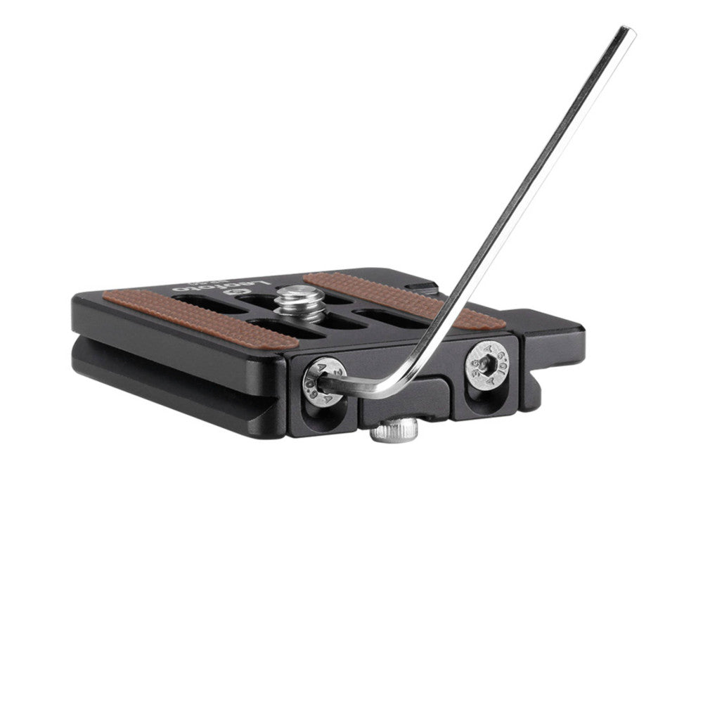 Black Arca Swiss quick release plate with brown leather grip pads and silver lever handle, shown at three-quarter angle against white background.