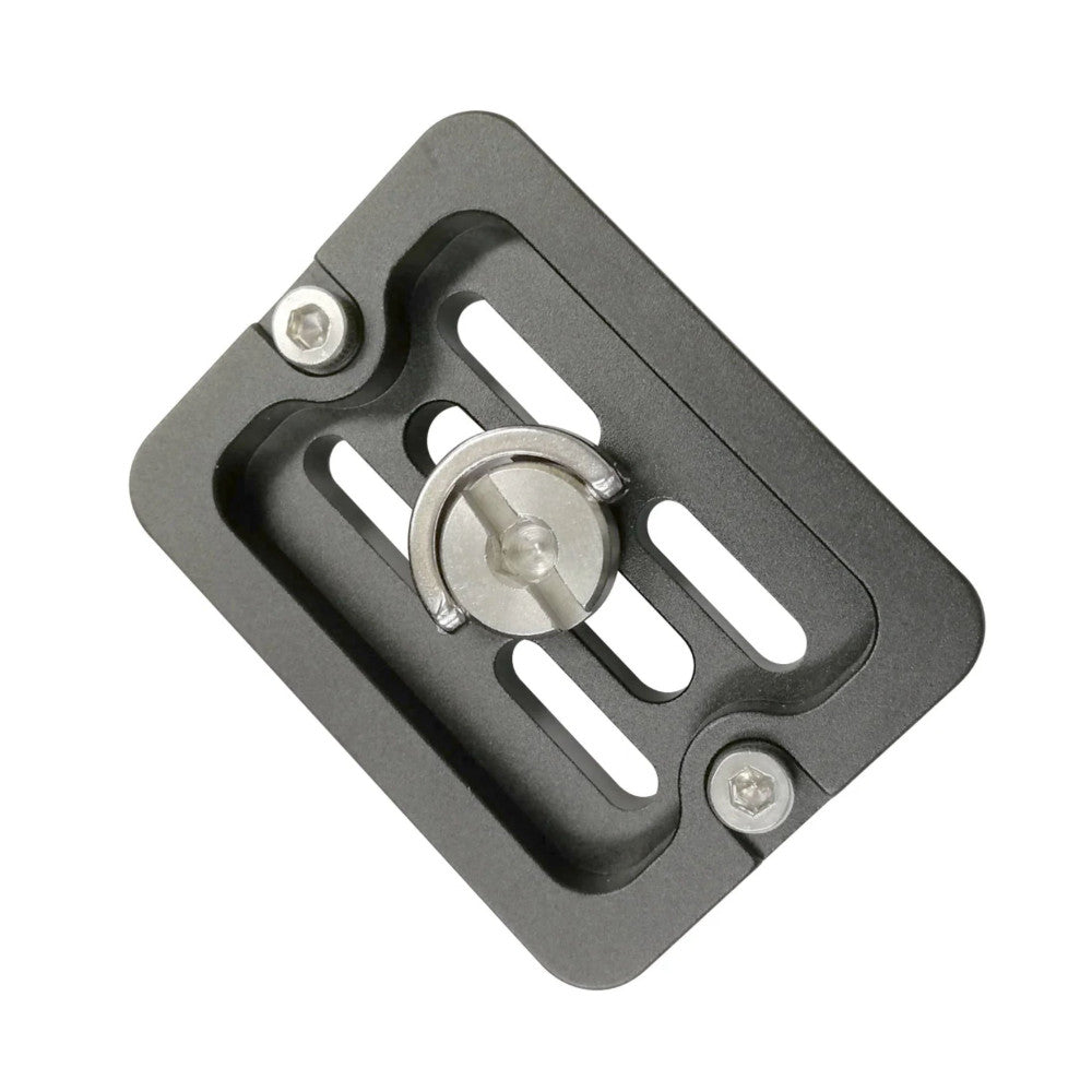 Top-down view of a gray metal Arca Swiss quick-release plate with two mounting slots, a central knob, and hex socket bolts at corners.