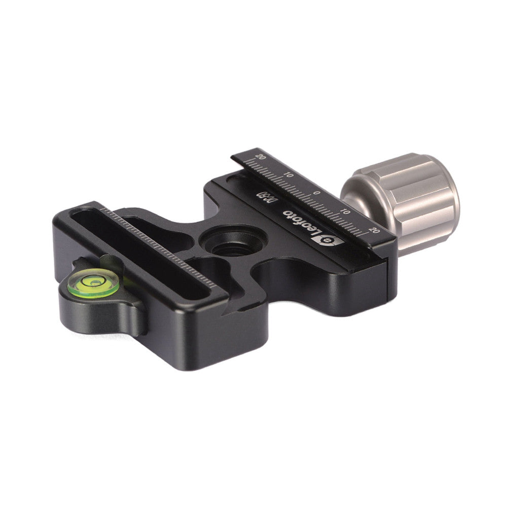 Black Arca Swiss quick-release plate with spirit level, shown from angled side view with metal clamp knob on right.