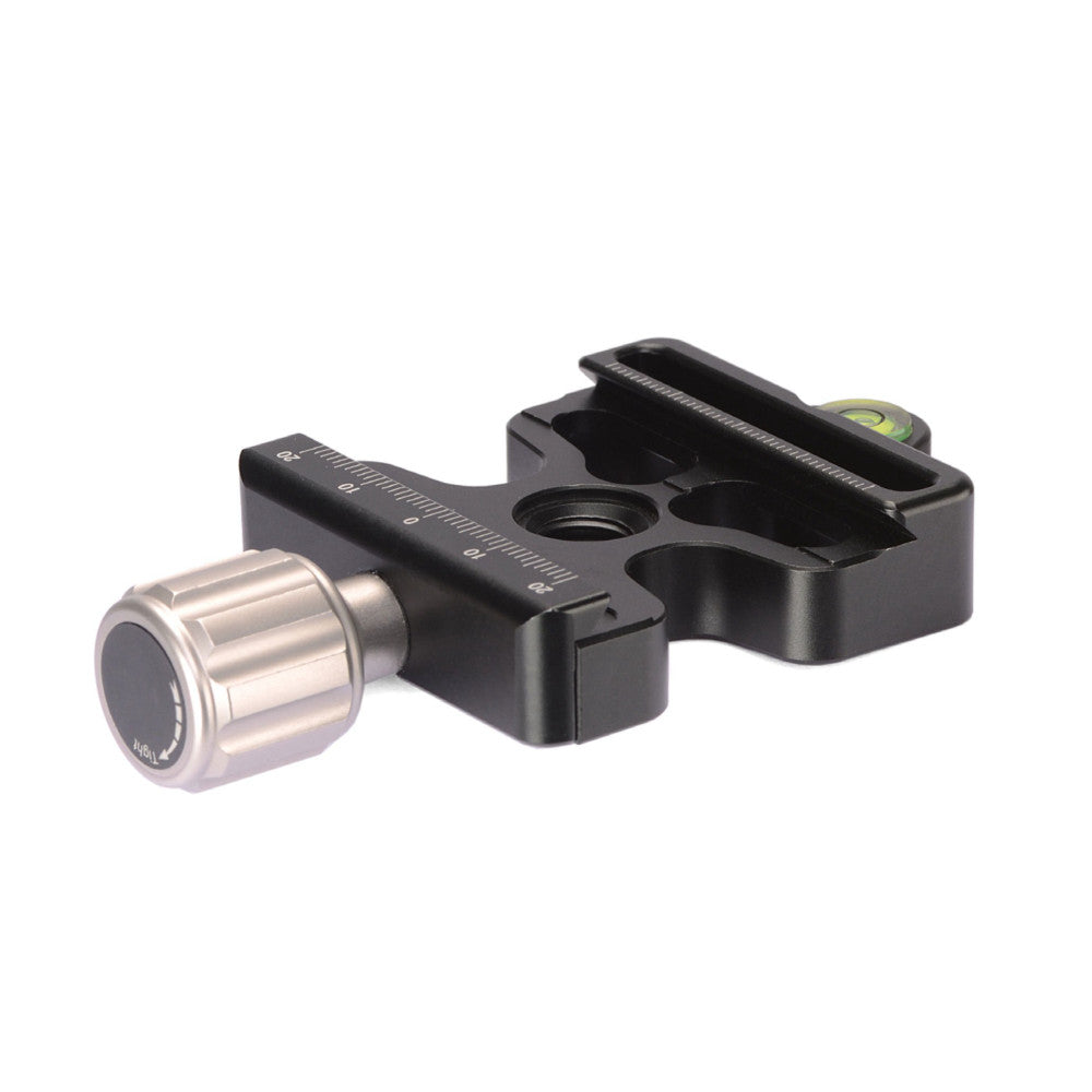 Black Arca Swiss quick release plate with metal cylindrical clamp, shown at angled three-quarter view against white background.
