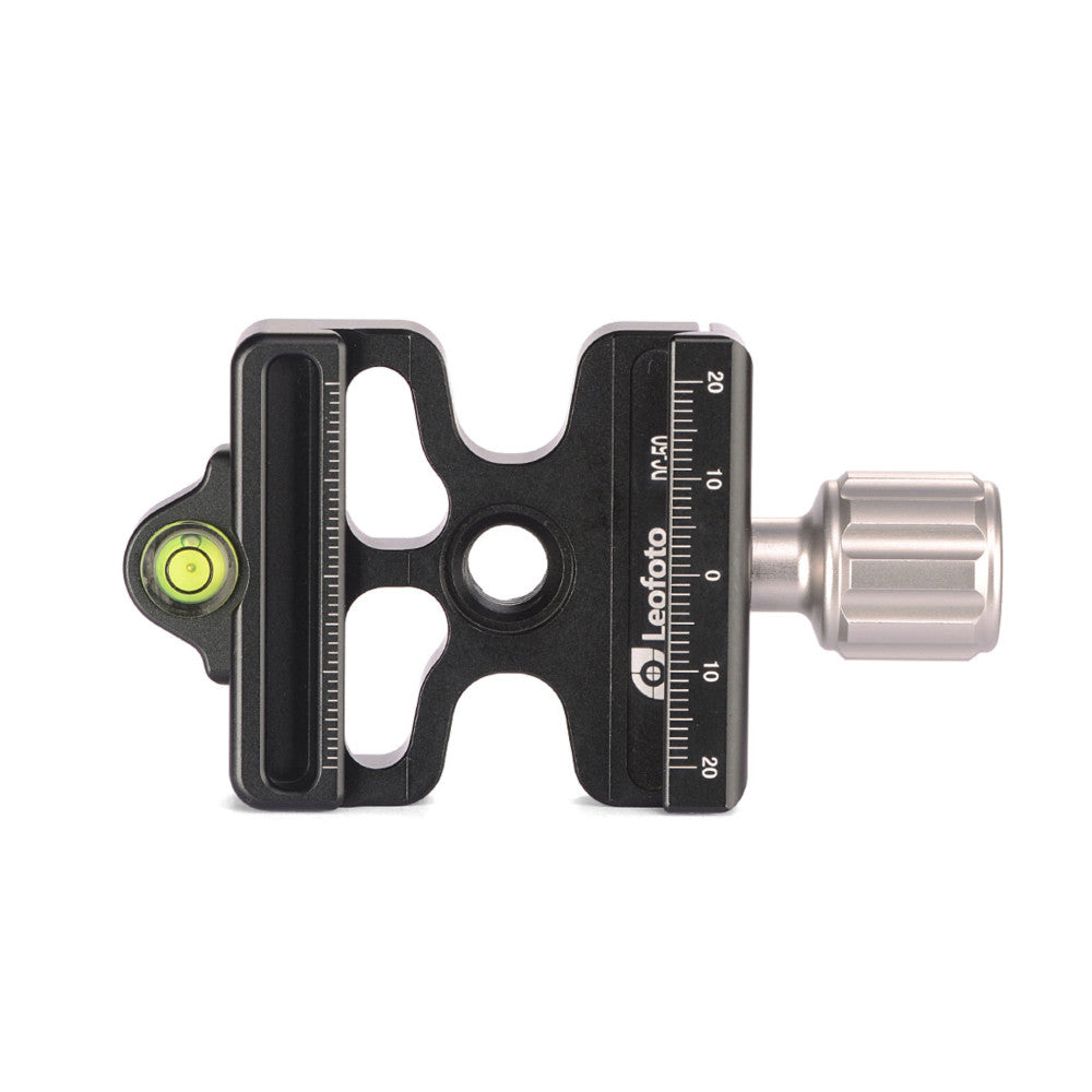 Black Arca Swiss style camera plate with measurement scale, bubble level, and metal quick-release knob shown in side view against white background.