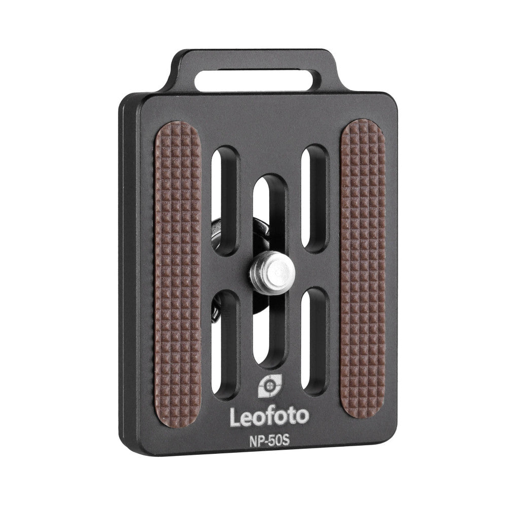 Black quick-release camera plate with brown textured grip pads, shown front view with carrying handle at top and center ball mount mechanism visible.