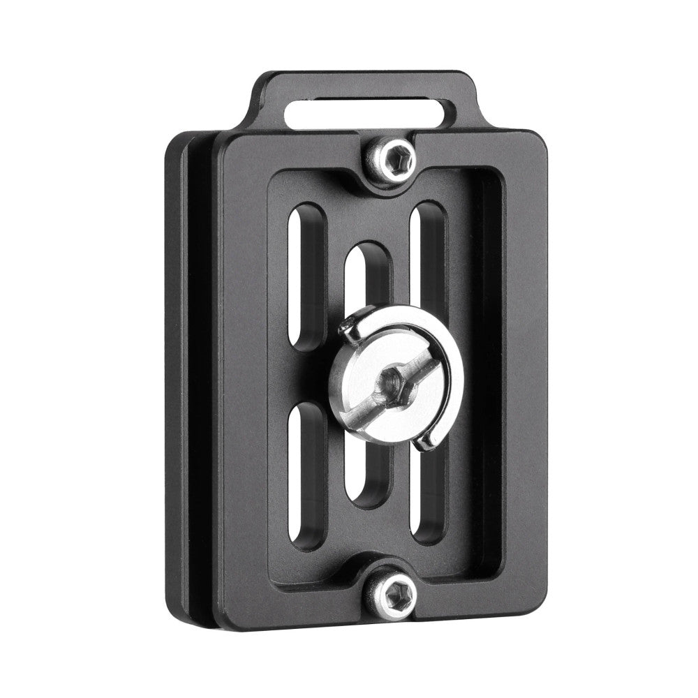 Black Arca Swiss quick release plate shown from front angle, featuring vertical slot pattern and silver circular clamp mechanism with handle loop.