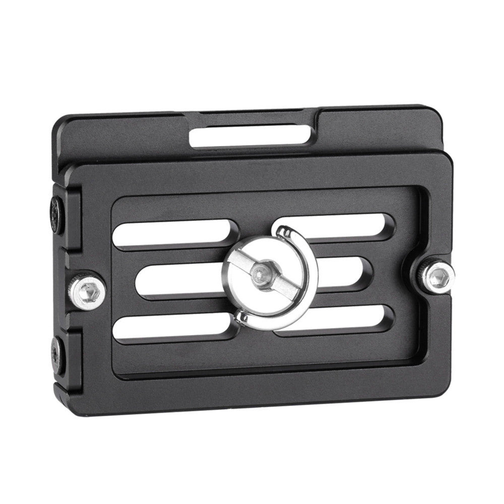 Black Arca Swiss quick release plate shown at an angle, displaying the slot pattern, center knob, and mounting holes against a white background.