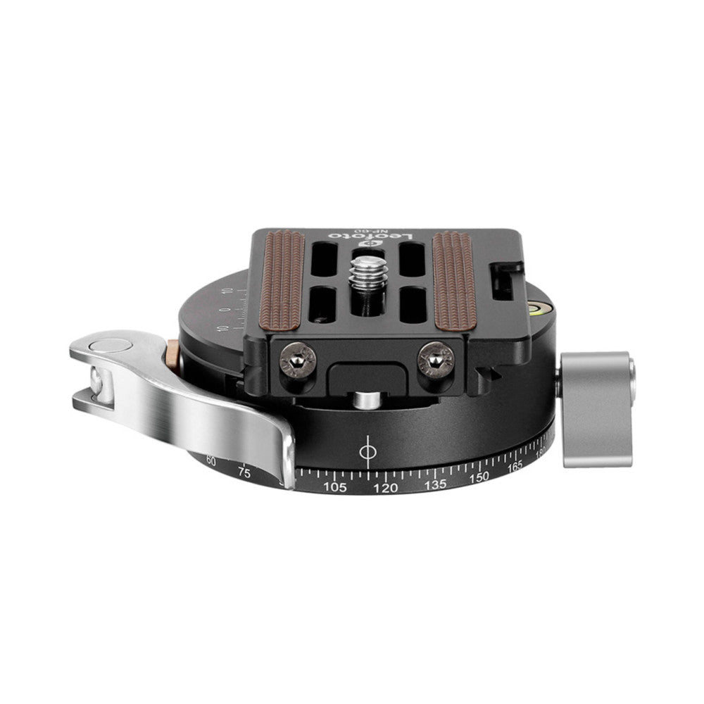 Top-down angled view of a black Arca Swiss ball head with degree markings, showing the plate interface and quick-release mechanism from above.