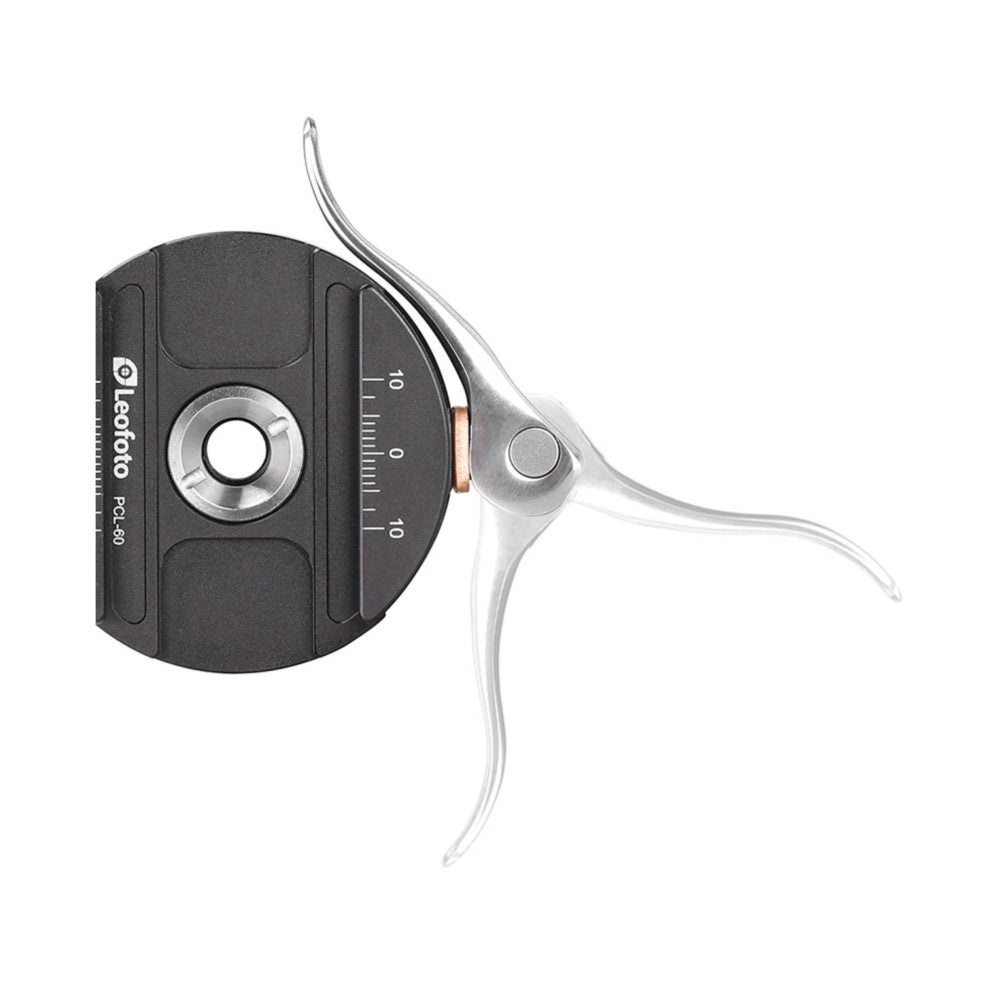 Leofoto NP-60 Arca plate shown from side angle, displaying black mounting plate with measurement scale and silver quick-release clamp mechanism.