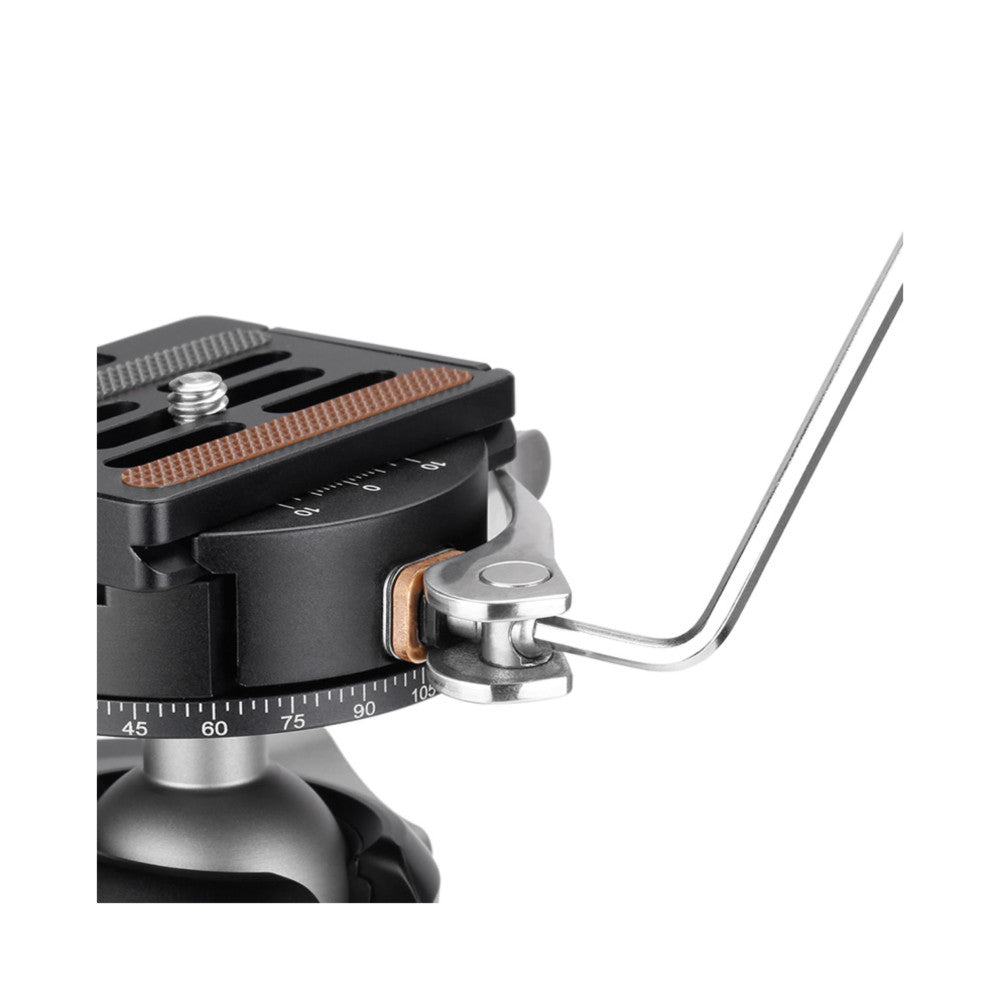 Close-up side view of Leofoto NP-60 Arca Swiss plate showing pan handle, degree markings, and textured mounting surface with copper accents.
