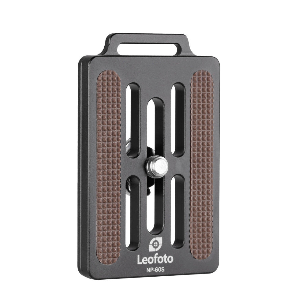 Front view of Leofoto NP-60S quick release plate with textured side grips and central screw mechanism against white background.
