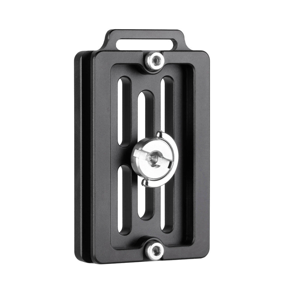 Black rectangular camera plate with vertical slots, top handle, and chrome adjustment knob, shown front view against white background.