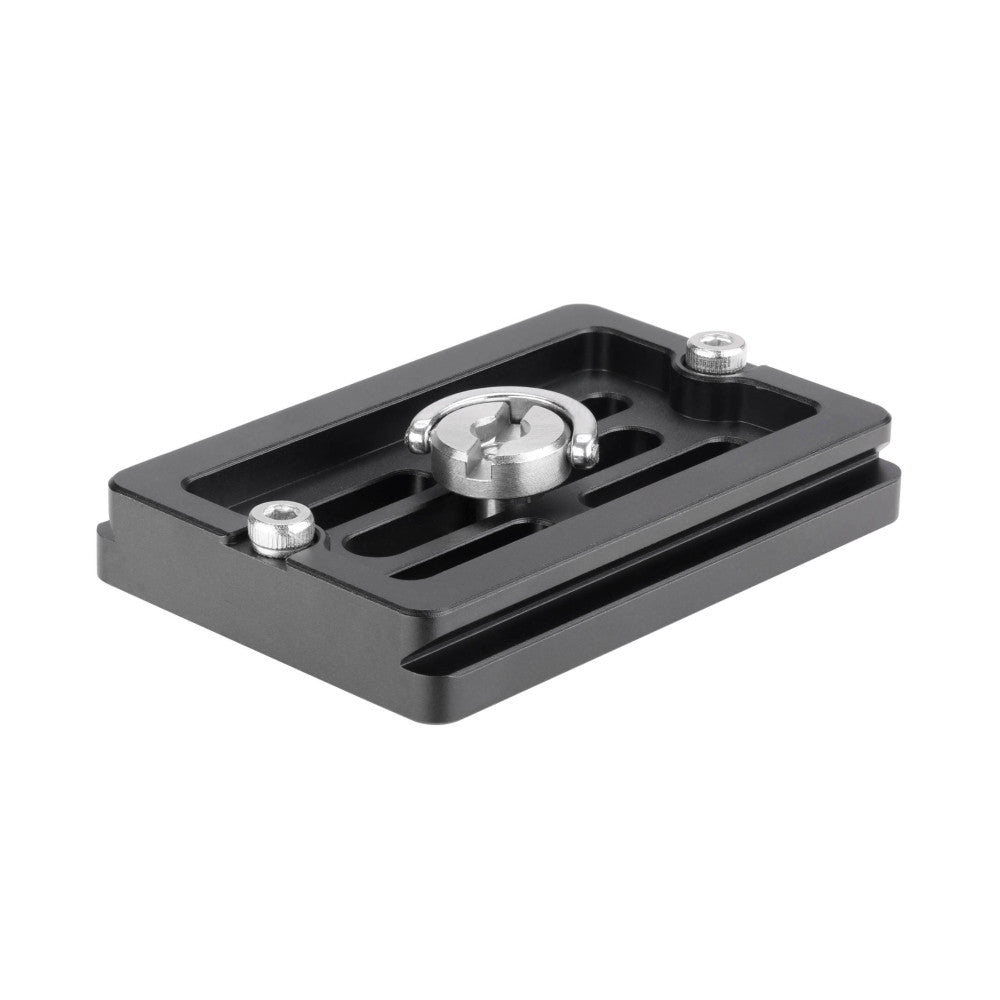 Black Arca Swiss quick release plate shown at an angle, displaying the mounting surface with adjustment knobs and sliding mechanism.