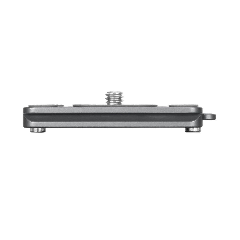 Side view of a silver titanium Arca Swiss quick-release plate with center mounting screw and adjustment knobs on ends.