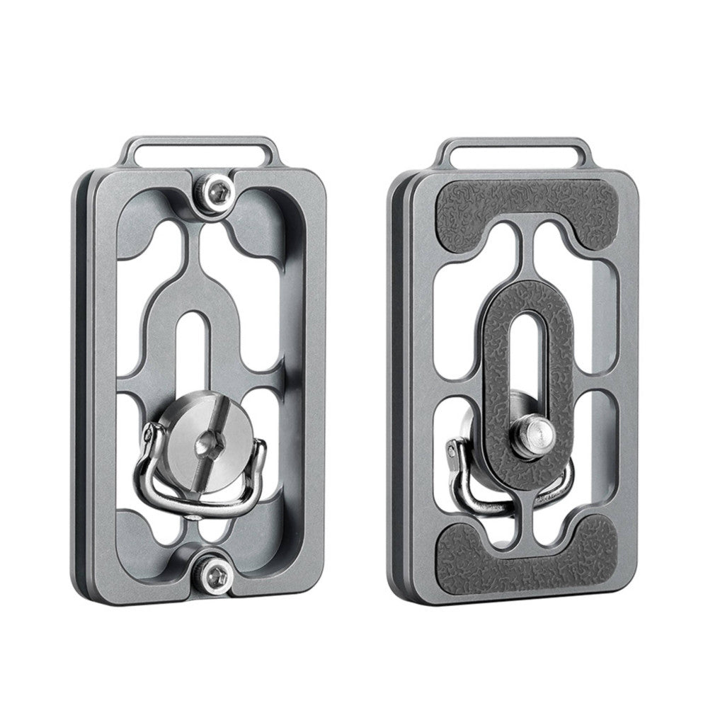Front and rear views of a titanium Arca Swiss quick-release plate showing metal construction, grip handle, and textured surface details.