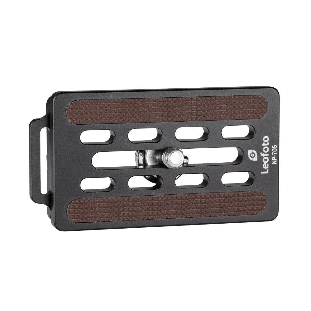 Black Arca Swiss quick release plate with brown textured grip surfaces and elongated slots, shown at three-quarter angle with mounting knob visible.